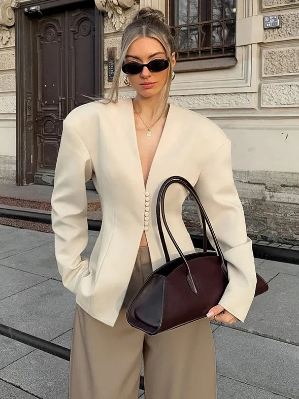 Women Blazer Jacket Fitted Long Sleeve Blazer Button Front V Neck Cream Business Casual Office Elegant Jacket