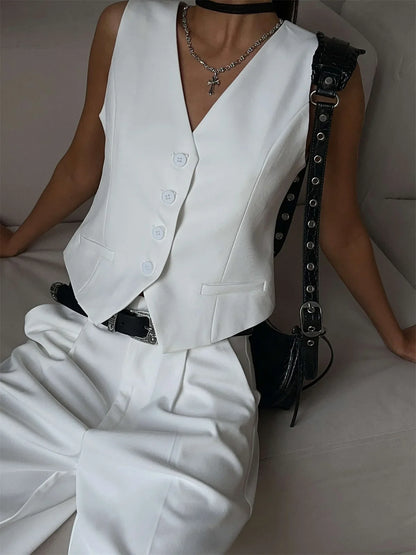 Women's White Suit Vest Formal Waistcoat V Neck Slim Fit Sleeveless Blazer Jacket Office Business Dinner Attire Lady Elegant Top
