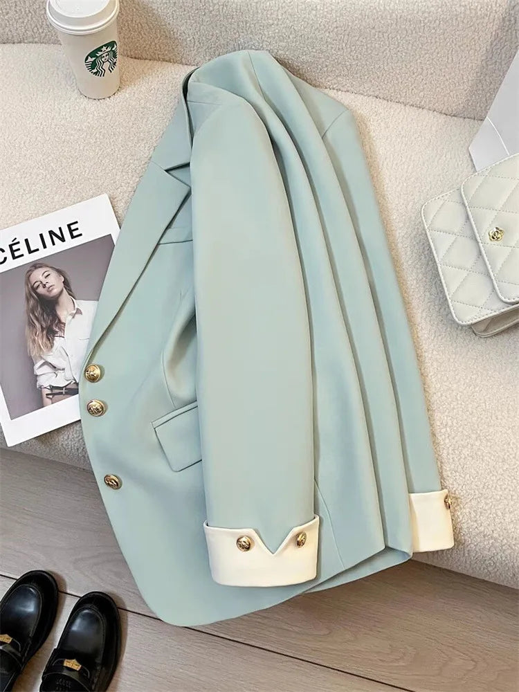 Elegant Women Blazer Vest Coat Fashion Stand Up Collar Long Sleeve Female Coats Spring Autumn Fashion Loose Office Lady Outwear