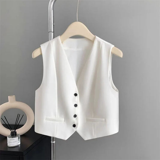 Women Fashion Solid Suit Vest Elegant Sleeveless V-neck Cropped Waistcoat Top Vests Summer Casual Office Lady Chic Loose Jackets