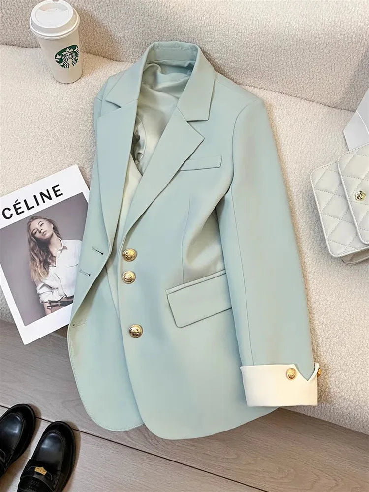 Elegant Women Blazer Vest Coat Fashion Stand Up Collar Long Sleeve Female Coats Spring Autumn Fashion Loose Office Lady Outwear