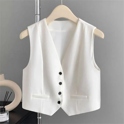 Women Fashion Solid Suit Vest Elegant Sleeveless V-neck Cropped Waistcoat Top Vests Summer Casual Office Lady Chic Loose Jackets