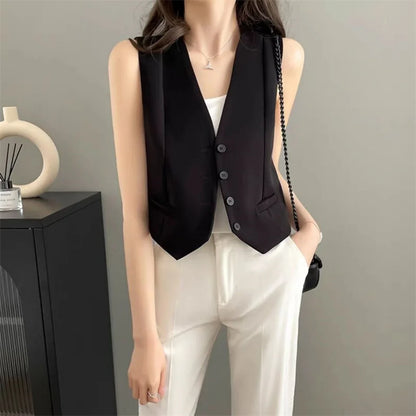 Women Fashion Solid Suit Vest Elegant Sleeveless V-neck Cropped Waistcoat Top Vests Summer Casual Office Lady Chic Loose Jackets
