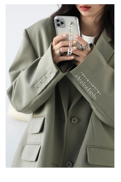 Women Office Lady Blazer Cuff Embroidery Wide Shoulder Twill Suit Women's Autumn Ladies Outerwear  Stylish Tops