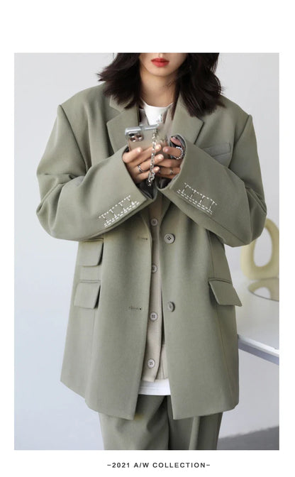 Women Office Lady Blazer Cuff Embroidery Wide Shoulder Twill Suit Women's Autumn Ladies Outerwear  Stylish Tops