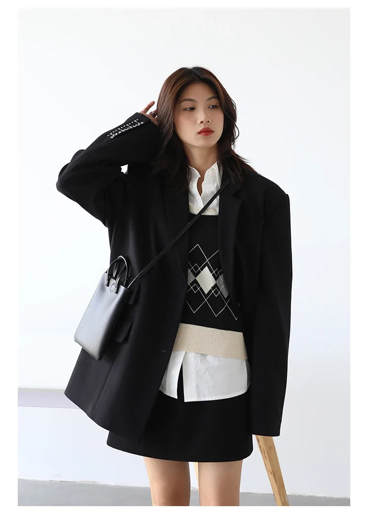 Women Office Lady Blazer Cuff Embroidery Wide Shoulder Twill Suit Women's Autumn Ladies Outerwear  Stylish Tops