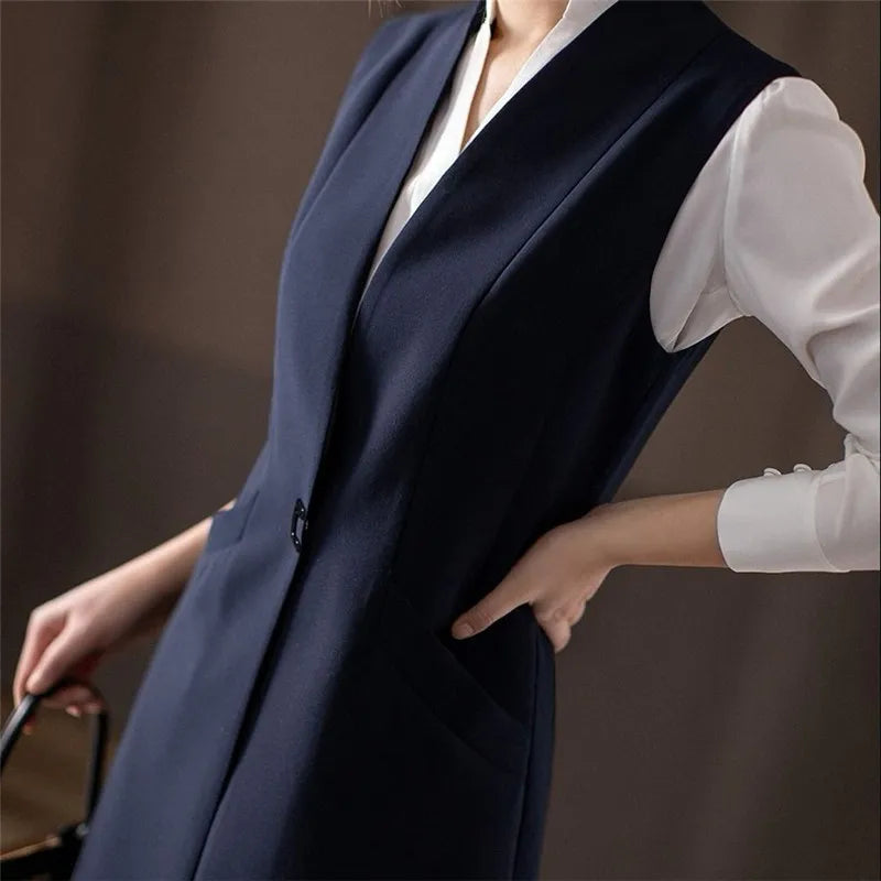 Spring Autumn Women Vest Coat New Fashion Mid Long Sleeveless Blazer Jacket Office Lady Waistcoat Female Outerwear Casual Tops
