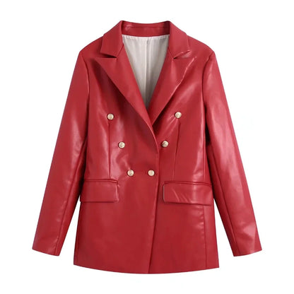 Women Fashion Notched Double Breasted PU Leather Blazers Coat Casual Straight Long Sleeve Back Vents Female Outerwear Chic Tops