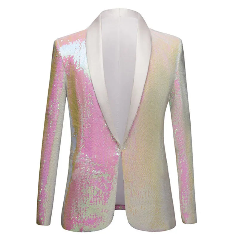 Luxury Stylish Men's Sequins Suit Jacket Pink White Shawl Collar Banquet Evening Celebrate Tuxedo Blazers Singer Host Costume