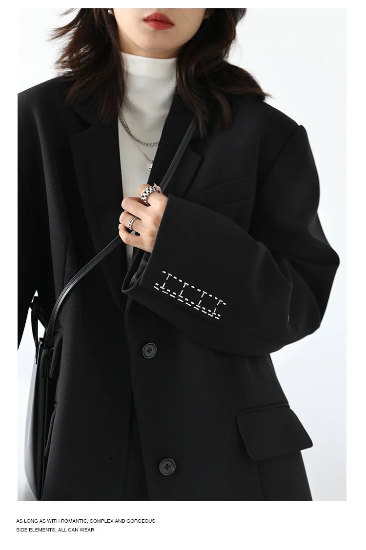 Women Office Lady Blazer Cuff Embroidery Wide Shoulder Twill Suit Women's Autumn Ladies Outerwear  Stylish Tops