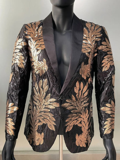 Men Suits Tailor-Made 2 Pieces High Quality Gold Sequin Applique Suit Casual Suit Jacket Singer Performance Wedding Customized