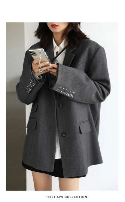 Women Office Lady Blazer Cuff Embroidery Wide Shoulder Twill Suit Women's Autumn Ladies Outerwear  Stylish Tops