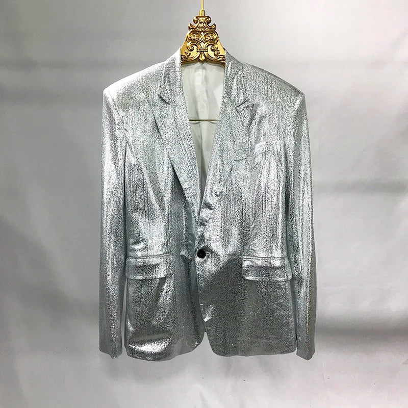 Bar Nightclub Shinny Silver Blue Green Blazer For Male Singer Host Stage Performance Costume Thin Style Slim One Button Coat