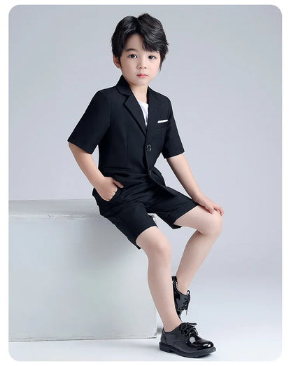 Boys Summer Blazer Jacket +Shorts 2PCS Clothing Set School Kids Wedding Tuxedo Dress Children Chorus Performance Dress Costume