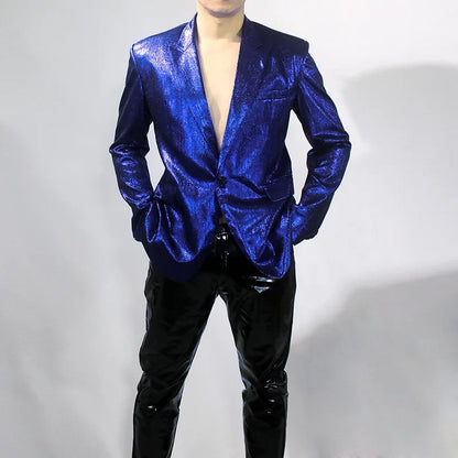 Bar Nightclub Shinny Silver Blue Green Blazer For Male Singer Host Stage Performance Costume Thin Style Slim One Button Coat