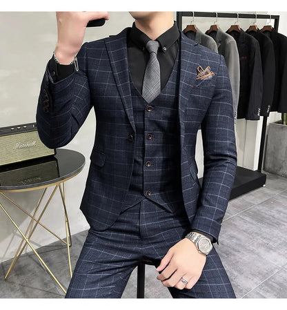 (Jackets +Pants+Vest) Luxury Men Groom Wedding Tuxedo Fashion Plaid Business Suits High Quality Casual Business Suit Three-piece