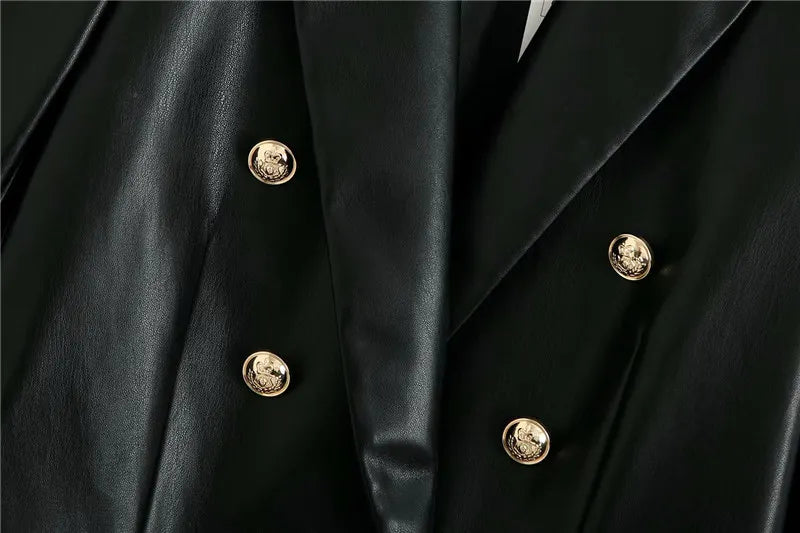 Women Fashion Notched Double Breasted PU Leather Blazers Coat Casual Straight Long Sleeve Back Vents Female Outerwear Chic Tops