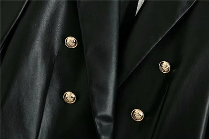 Women Fashion Notched Double Breasted PU Leather Blazers Coat Casual Straight Long Sleeve Back Vents Female Outerwear Chic Tops