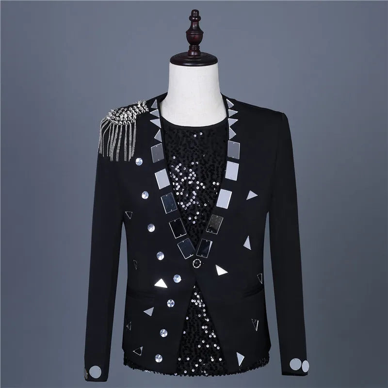 Men's Fashion Silver Black Rivet Sequined Slim Fit Jacket Punk Style Stage Performance Coat Bar Singer Host Nightclub Stage Wear