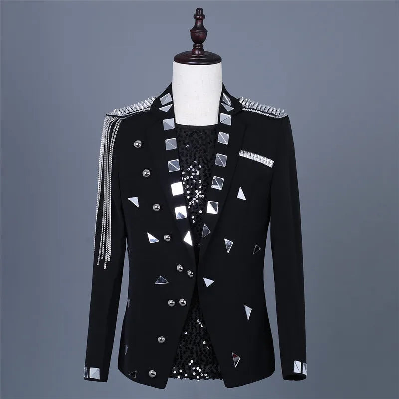 Men's Fashion Silver Black Rivet Sequined Slim Fit Jacket Punk Style Stage Performance Coat Bar Singer Host Nightclub Stage Wear