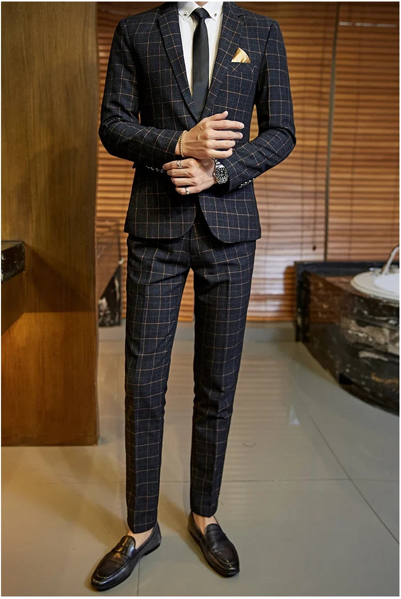 Men's Plaid Smart Casual Blazer Slim Fit Single Button Suit Jacket for Wedding & Business
