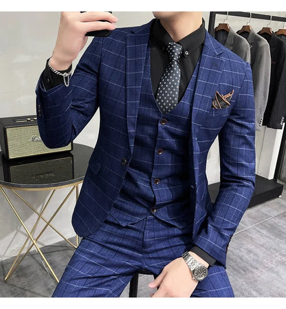 (Jackets +Pants+Vest) Luxury Men Groom Wedding Tuxedo Fashion Plaid Business Suits High Quality Casual Business Suit Three-piece