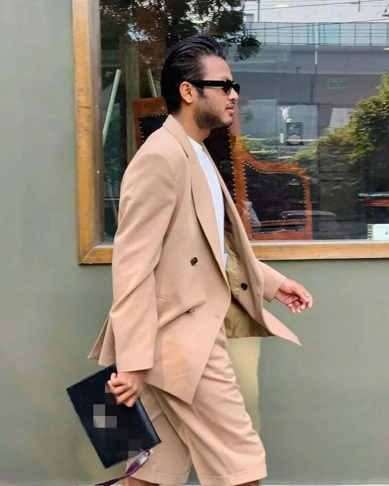 Costume Homme Summer Stylish Men's Suits Tailor-Made 2 Piece Suit Double Breasted Blazer and Short Pants Set Customized