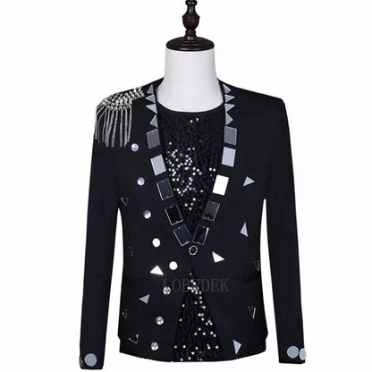 Men's Fashion Silver Black Rivet Sequined Slim Fit Jacket Punk Style Stage Performance Coat Bar Singer Host Nightclub Stage Wear