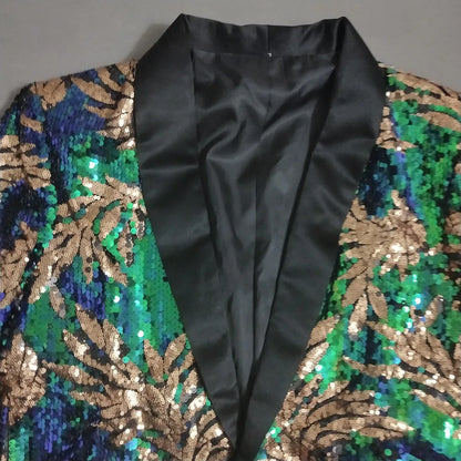 Men's Embroidery Sequins Blazer Suit Jacket Shawl Collar Slim Fit Evening Party Dance Blazers Singer Host Stage Tuxedo Coat