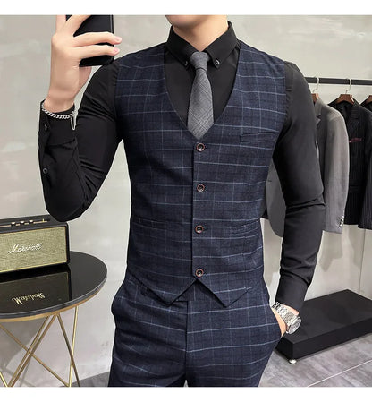 (Jackets +Pants+Vest) Luxury Men Groom Wedding Tuxedo Fashion Plaid Business Suits High Quality Casual Business Suit Three-piece