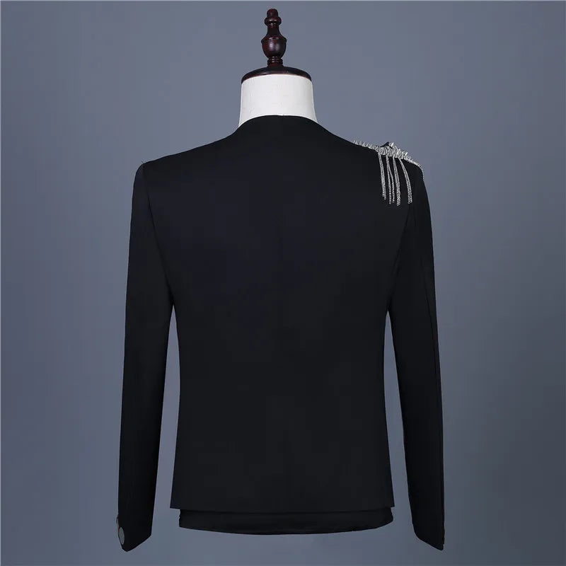 Men's Fashion Silver Black Rivet Sequined Slim Fit Jacket Punk Style Stage Performance Coat Bar Singer Host Nightclub Stage Wear