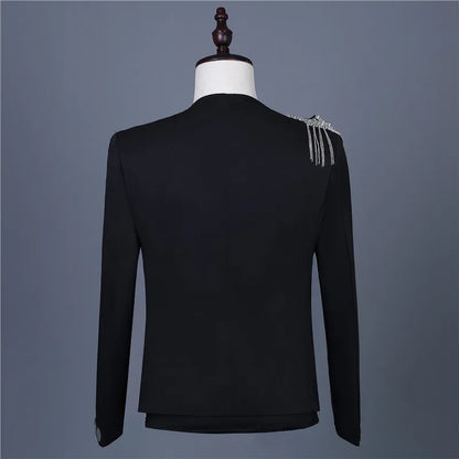 Men's Fashion Silver Black Rivet Sequined Slim Fit Jacket Punk Style Stage Performance Coat Bar Singer Host Nightclub Stage Wear