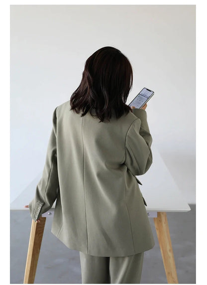 Women Office Lady Blazer Cuff Embroidery Wide Shoulder Twill Suit Women's Autumn Ladies Outerwear  Stylish Tops