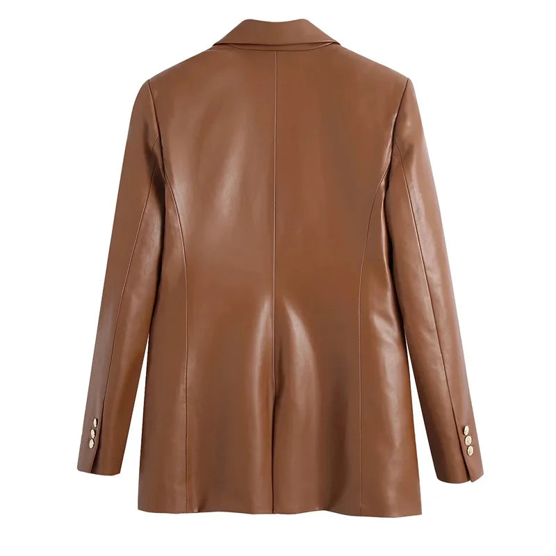 Women Fashion Notched Double Breasted PU Leather Blazers Coat Casual Straight Long Sleeve Back Vents Female Outerwear Chic Tops
