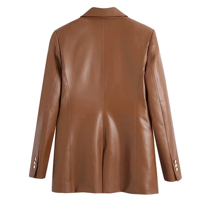 Women Fashion Notched Double Breasted PU Leather Blazers Coat Casual Straight Long Sleeve Back Vents Female Outerwear Chic Tops