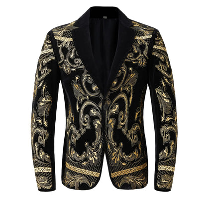 Men's Luxury Slim Black Velvet Embroidery Wedding Suit Jacket Fit Tuxedo Blazer Stylish Groom Banquet Singer Host Stage Clothing