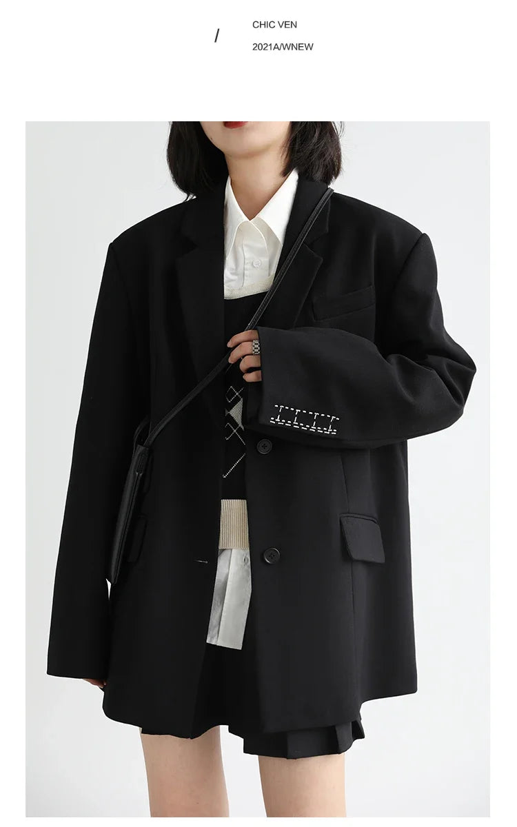 Women Office Lady Blazer Cuff Embroidery Wide Shoulder Twill Suit Women's Autumn Ladies Outerwear  Stylish Tops