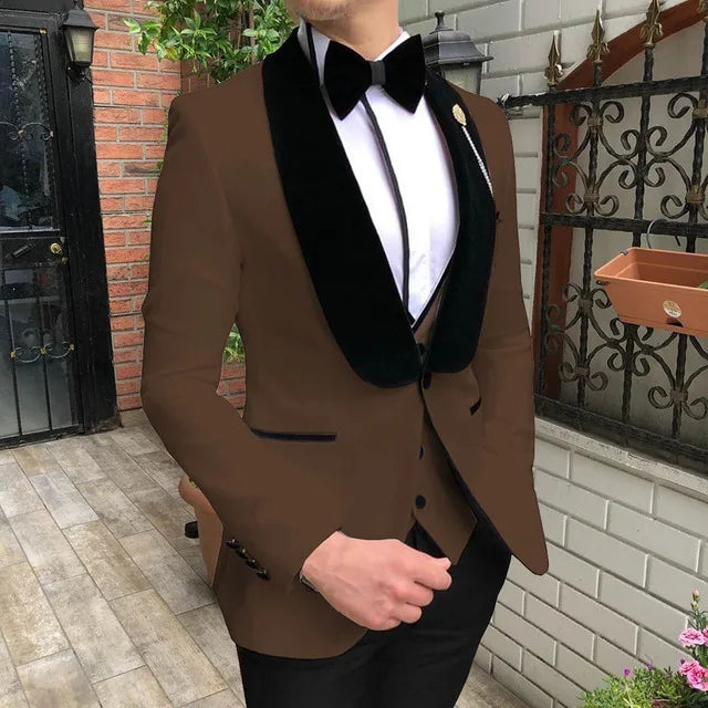 Fashion Men's Suit 3 Pieces Slim Fit Prom Tuxedos Tweed Shawl Lapel Wedding Grooms Blazer Vest Pants Wholesale