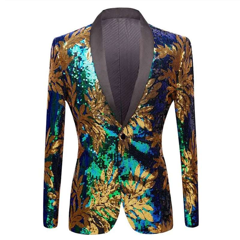 Men's Embroidery Sequins Blazer Suit Jacket Shawl Collar Slim Fit Evening Party Dance Blazers Singer Host Stage Tuxedo Coat