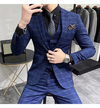 (Jackets +Pants+Vest) Luxury Men Groom Wedding Tuxedo Fashion Plaid Business Suits High Quality Casual Business Suit Three-piece