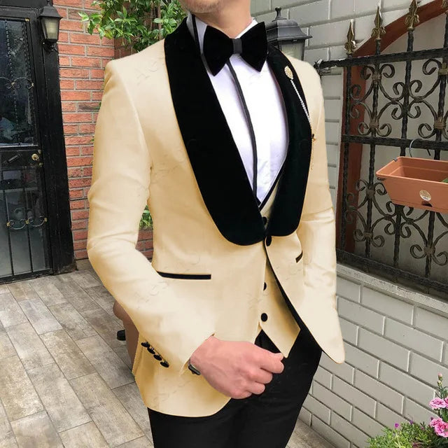 Fashion Men's Suit 3 Pieces Slim Fit Prom Tuxedos Tweed Shawl Lapel Wedding Grooms Blazer Vest Pants Wholesale