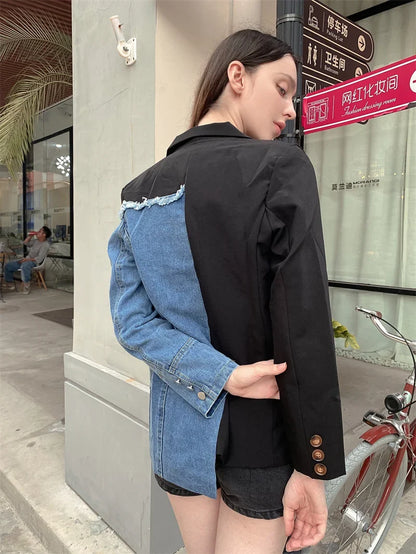 Women Vintage Fashion Blazer Denim Patchwork Jackets 2022 Autumn Winter Irregular Coat Women Long Sleeve Loose Korean Outerwear