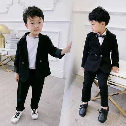Teenager Boys Pink Black Jacket+Pants 2Pcs Clothing Set Gentleman Kids Formal Wedding Suit Children Performance Graduation Dress