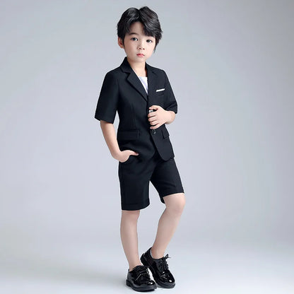 Boys Summer Blazer Jacket +Shorts 2PCS Clothing Set School Kids Wedding Tuxedo Dress Children Chorus Performance Dress Costume