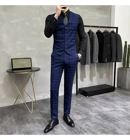 (Jackets +Pants+Vest) Luxury Men Groom Wedding Tuxedo Fashion Plaid Business Suits High Quality Casual Business Suit Three-piece
