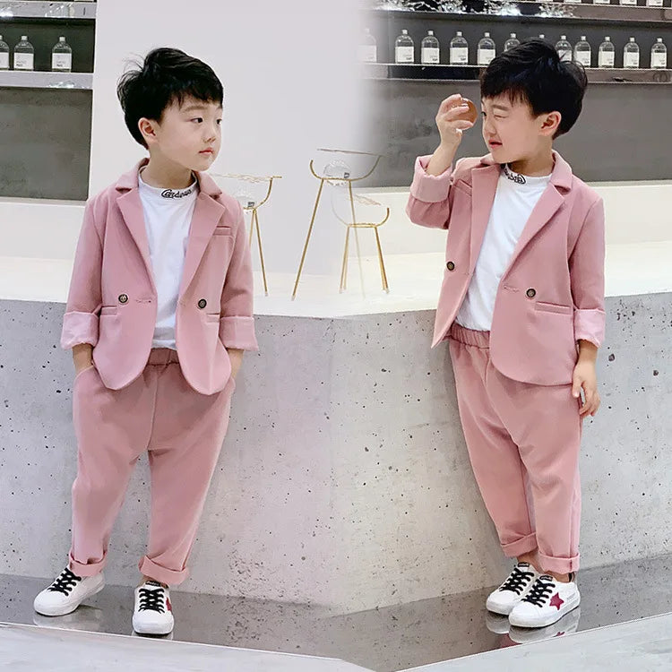 Teenager Boys Pink Black Jacket+Pants 2Pcs Clothing Set Gentleman Kids Formal Wedding Suit Children Performance Graduation Dress