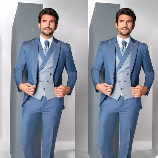 Newest Gorgeous Blue Men Suit 3 Pcs Costume Homme Groom Prom Wedding Blazer (Jacket+Pants+Vest) Terno Masculino Slim Fit
