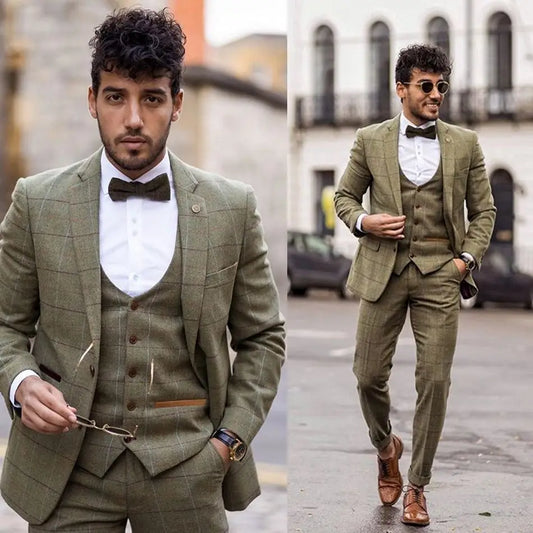 Costume Homme Men Plaid Tuxedos Tailor-Made 3 Pieces Double Breasted Slim Fit Blazer Jackets Formal Business Causal Prom