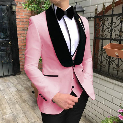 Fashion Men's Suit 3 Pieces Slim Fit Prom Tuxedos Tweed Shawl Lapel Wedding Grooms Blazer Vest Pants Wholesale