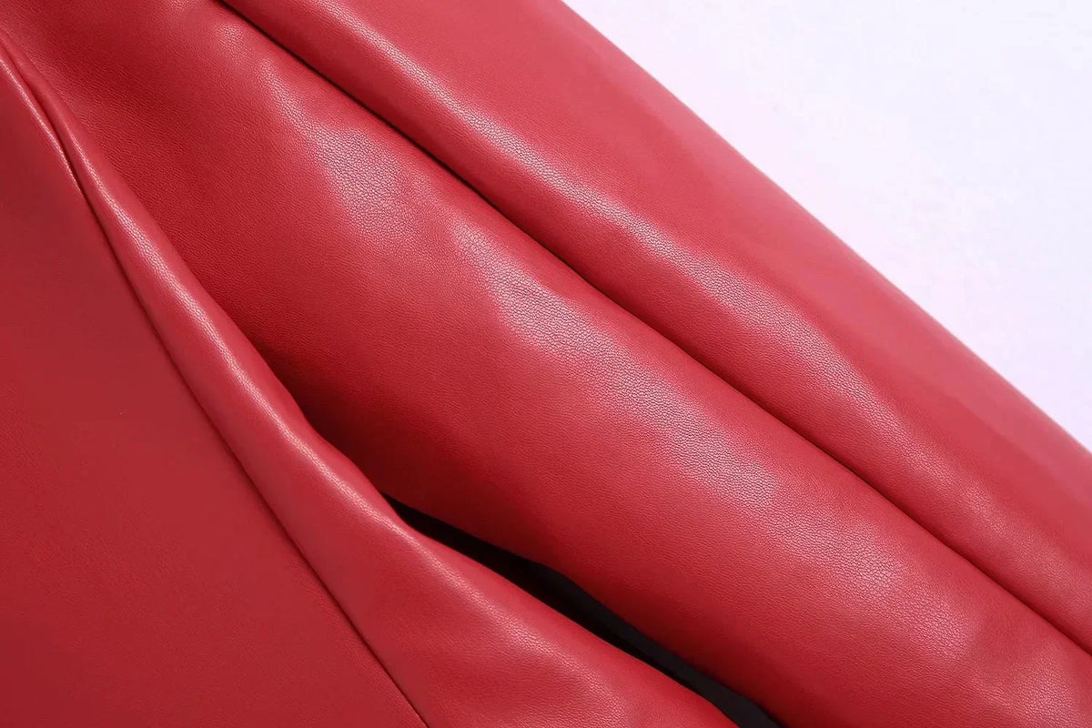 Women Fashion Notched Double Breasted PU Leather Blazers Coat Casual Straight Long Sleeve Back Vents Female Outerwear Chic Tops